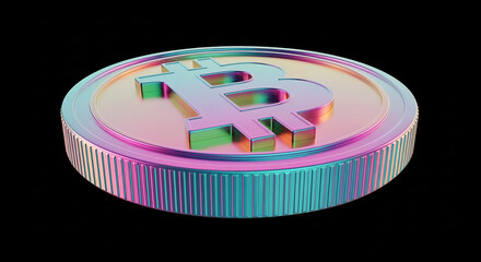 Iridescent bitcoin cryptocurrency coin rotating on black background