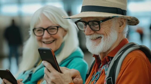 Happy senior tourists couple using smartphone app in airport