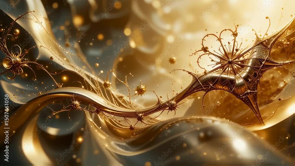 Poster golden abstract: intricate metallic structures and sparkling particles in motion