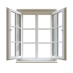 A white window with multiple panes is open on both sides against a black background in a studio shot