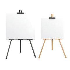 Two blank canvases on easels one black and one wooden against a plain black studio background view