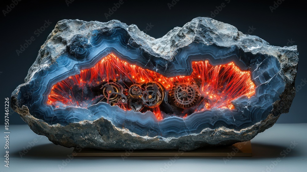 Poster glowing agate geode with intricate clockwork mechanism
