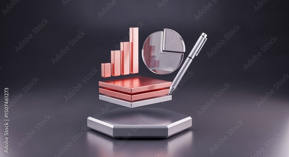 Aufkleber Pen drawing pie chart and bar graph over hexagonal platform symbolizing business analysis