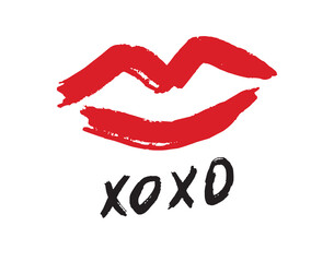 pink red lipstick kiss symbol, hugs and kisses text xoxo. lips xo xo doodle hand drawn icon. Drawing line clipart symbol