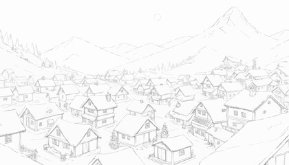 Snow-covered mountain village scene with charming houses and a serene atmosphere on a winter day