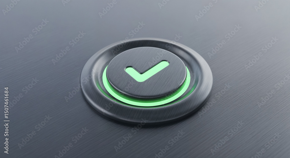 Poster green check mark button showing positive result on metallic surface