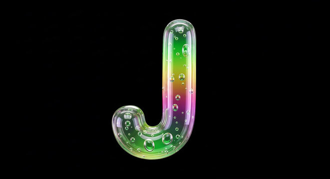 Rainbow gradient letter j filled with bubbles on black background