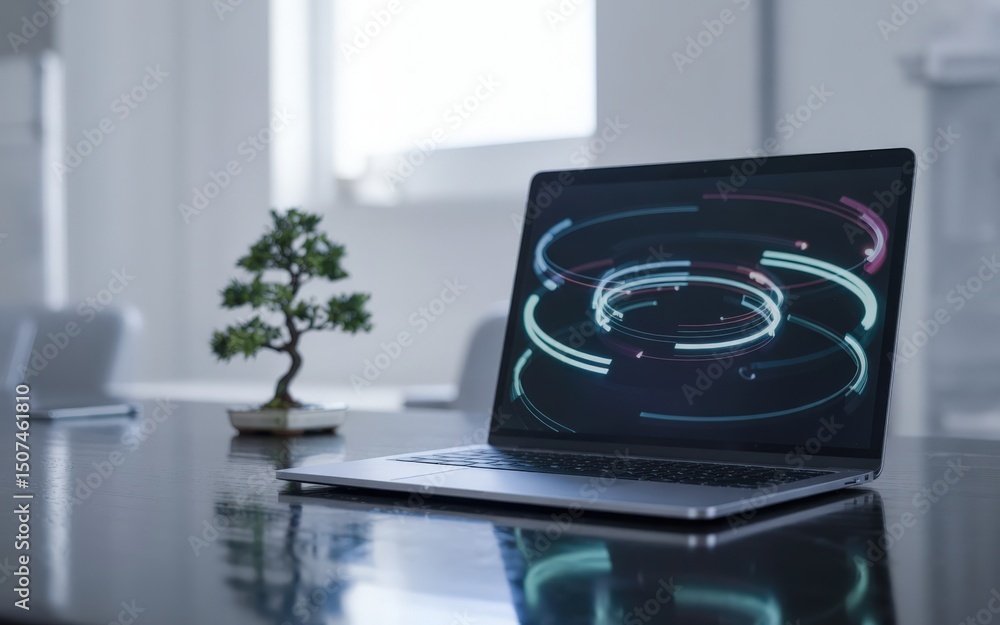 Fototapete Laptop displaying circular graphics with bonsai tree on desk.