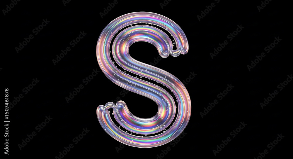 Aufkleber glossy holographic s shaped letter with bubbles floating inside on a black background