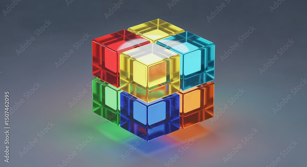 Poster colorful glass cubes creating a bigger cube on a reflective surface