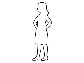 Black outline of woman standing with hands on hips, isolated on white background, vector illustration. concept of female figure, icon, logo, black and white design
