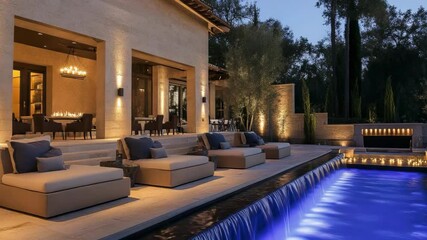 Elegant resort lounge with travertine walls, plush taupe seating, serene lighting, water feature centerpiece, and quiet luxury design - Powered by Adobe