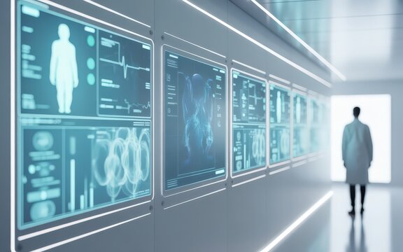 Doctor in futuristic medical facility with digital displays.