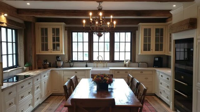 Farmhouse kitchen with barnwood ceiling beams, cream cabinets, apron sink, brass fixtures and a central harvest table