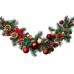 A christmas garland with red and gold ornaments pine cones and a poinsettia on a black background