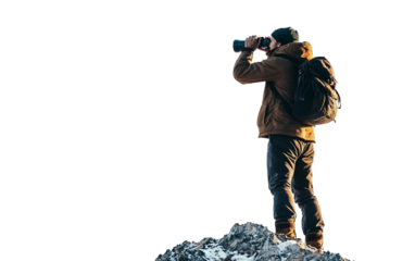 Man Using Binoculars While Taking a Break on a Mountain During an Outdoor Adventure Trip Isolated on Transparent Background PNG