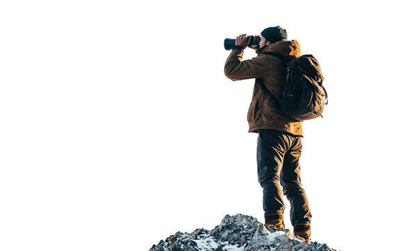 Man Using Binoculars While Taking a Break on a Mountain During an Outdoor Adventure Trip Isolated on Transparent Background PNG - Powered by Adobe
