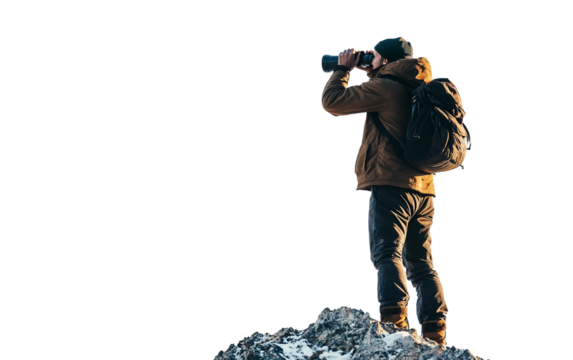 Man Using Binoculars While Taking a Break on a Mountain During an Outdoor Adventure Trip Isolated on Transparent Background PNG