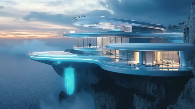 Futuristic cliffside villa with metallic finish, hovering balconies, ocean mist below, and smart glass walls glowing blue