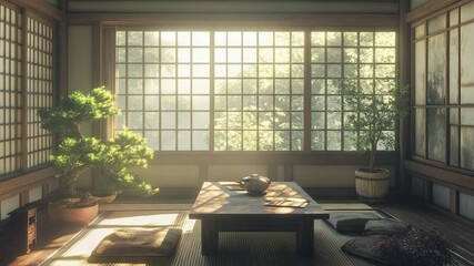 study room with tatami flooring, low desk, sliding panels, and bonsai arrangement near soft daylight,