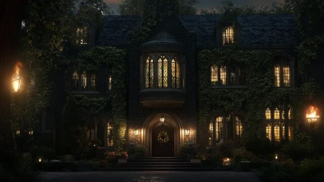 Gothic revival estate with pointed arches, black stone facade, ivy walls, and torch-style lighting near entrance