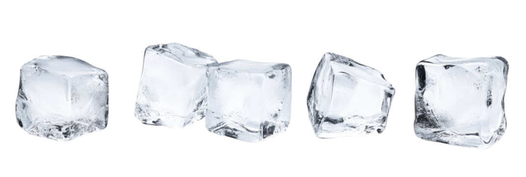 A close up studio shot of five ice cubes in a row on a black background with light reflecting off them