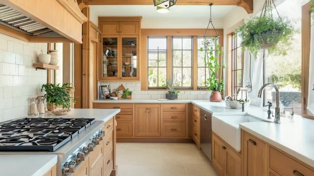kitchen with pine wood cabinets, cream tiled backsplash, hanging herb planters and light grey stone counter