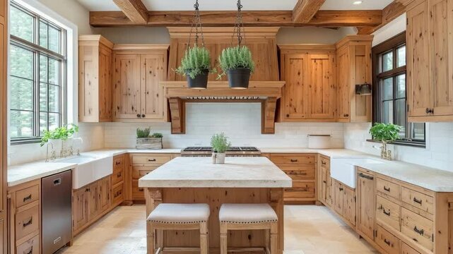 kitchen with pine wood cabinets, cream tiled backsplash, hanging herb planters and light grey stone counter