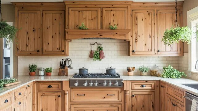 kitchen with pine wood cabinets, cream tiled backsplash, hanging herb planters and light grey stone counter
