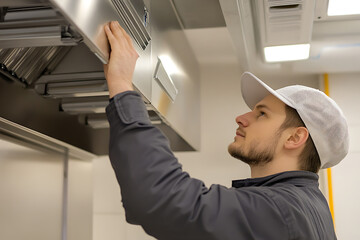 Technician Installing or Repairing a Kitchen Hood