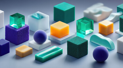 Fototapeta premium Cubes, spheres, elongated shapes made from matte glass, plastic and concrete in various colors, arranged in precise isometric pattern. 3d elements, minimalistic abstract background