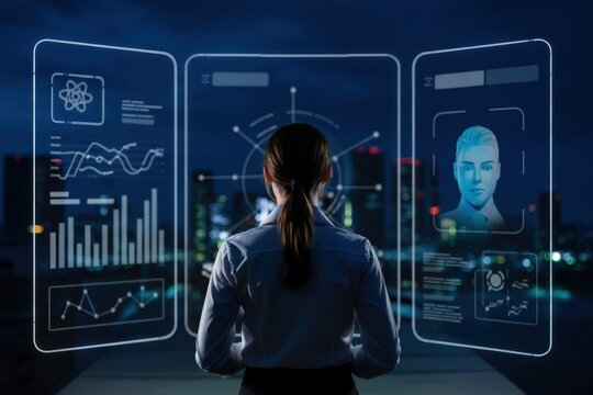 Woman analyzes data on digital screen with face recognition.