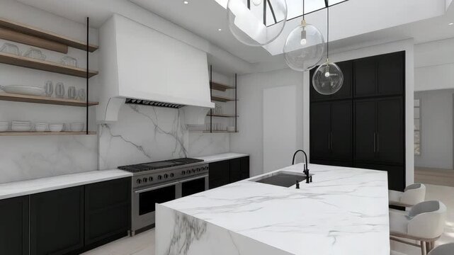 Minimalist white kitchen with marble island, matte black cabinets, skylight window and open shelving, soft pendant lights