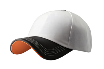 A close up of a white baseball cap with a black brim and orange underside on a black background