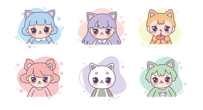 Cute kawaii anime style characters with cat ears in pastel colors vector illustration 
