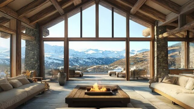mountain lodge with stacked timber beams, slate roof, flagstone terrace, and panoramic views framed by rustic natural finishes,