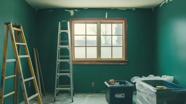 Narrow room with forest green paint halfway done, tall ladder in corner, plastic-covered furniture and open toolbox