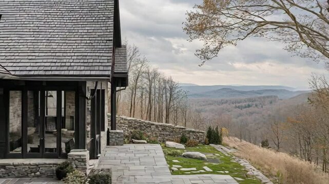 mountain lodge with stacked timber beams, slate roof, flagstone terrace, and panoramic views framed by rustic natural finishes,