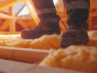 Worker Installing Insulation in Attic