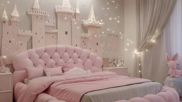 Princess-themed kids bedroom with pink tufted bed, soft rug, fairy lights, castle wall decal and glitter accents throughout