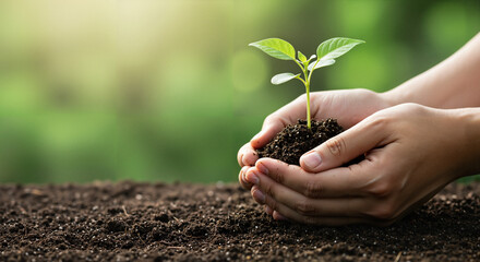 Hands holding young plant in soil against blurred green background  
