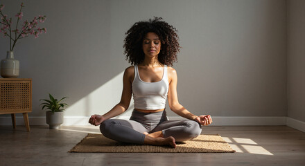 Young woman practicing yoga while meditating in a bright room