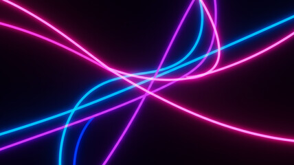 Dynamic abstract background with intersecting flowing neon lines in vibrant pink and blue on black. Modern design element for energetic event visuals or futuristic tech presentations with motion.