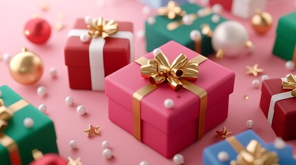 Fototapeta premium Colorful gift boxes arranged on a pastel background.