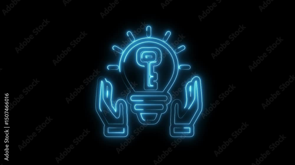 Poster creative solution neon concept with a key and hands glowing on a dark background