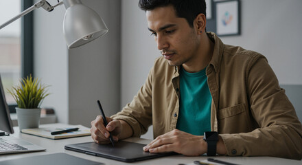 Young man drawing on graphics tablet at modern desk in office  