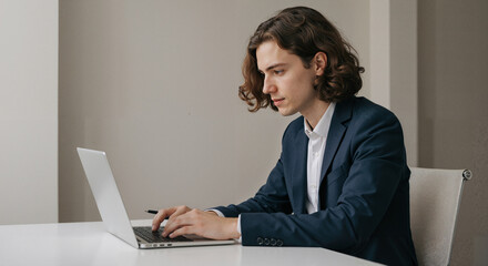 Young man working on laptop in modern office during the day  