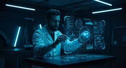 Scientist interacting with holographic display in modern lab environment  