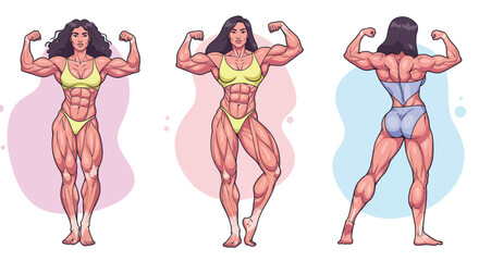 Muscular female bodybuilder posing front and back in fitness competition vector illustration for sports and lifestyle themes 