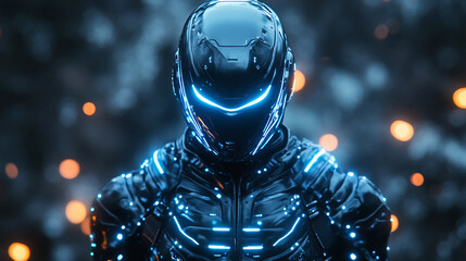 Fototapeta premium Futuristic Cyborg Warrior in High Tech Armor Glowing Blue Lights Sci Fi Concept Art